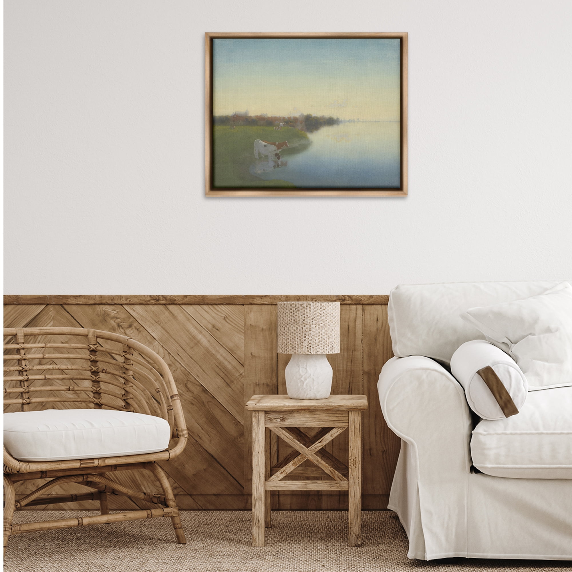 Stupell Industries Cows in Serene Shore Landscape & Nature Painting Brown Floater Framed Canvas Art Print Wall Art, 31 x 25