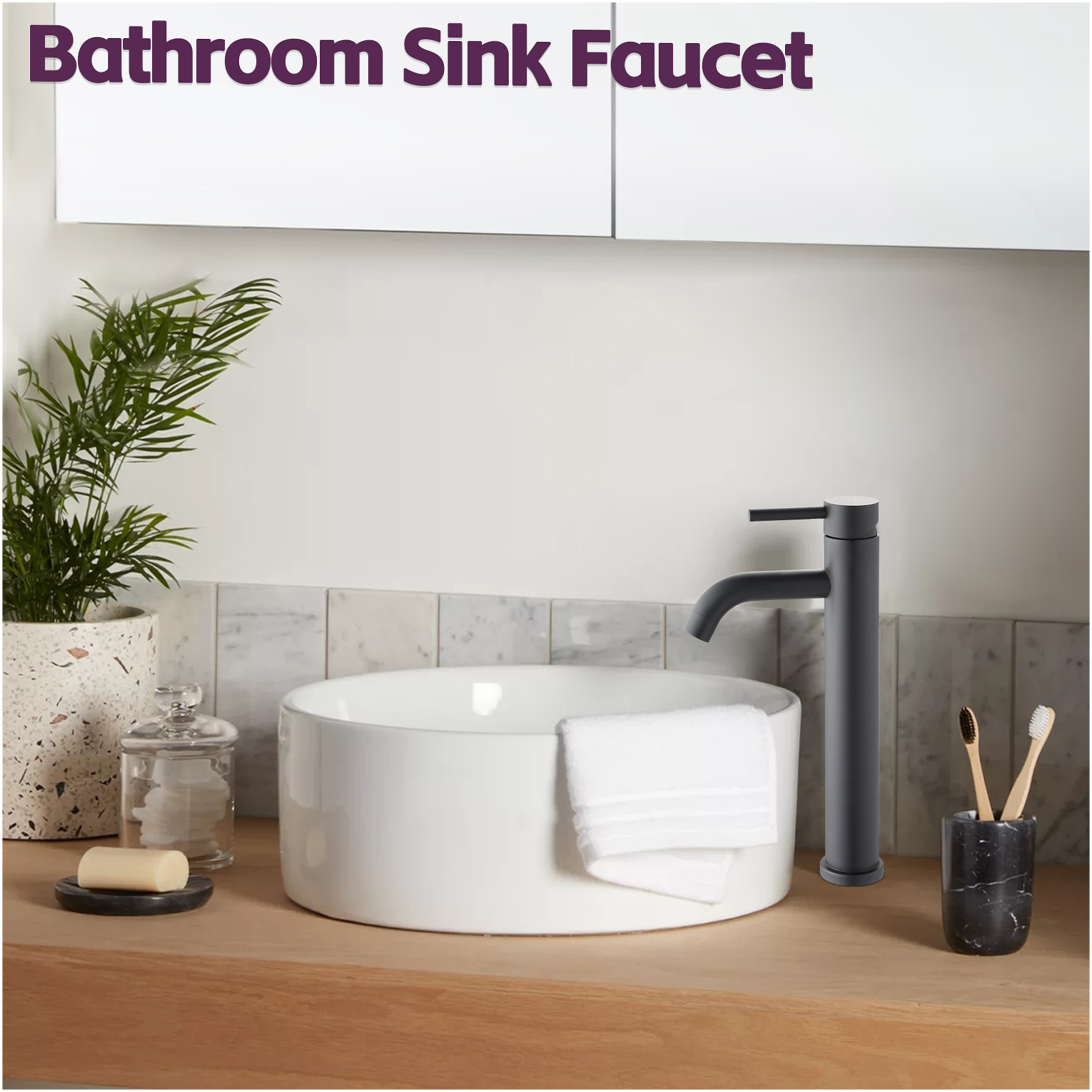 JERFIT Matte Black Tall Single Handle Vessel Bathroom Sink Faucet, High Arc Modern 1 Hole Deck Mount Lavatory Faucet with Brass Valve