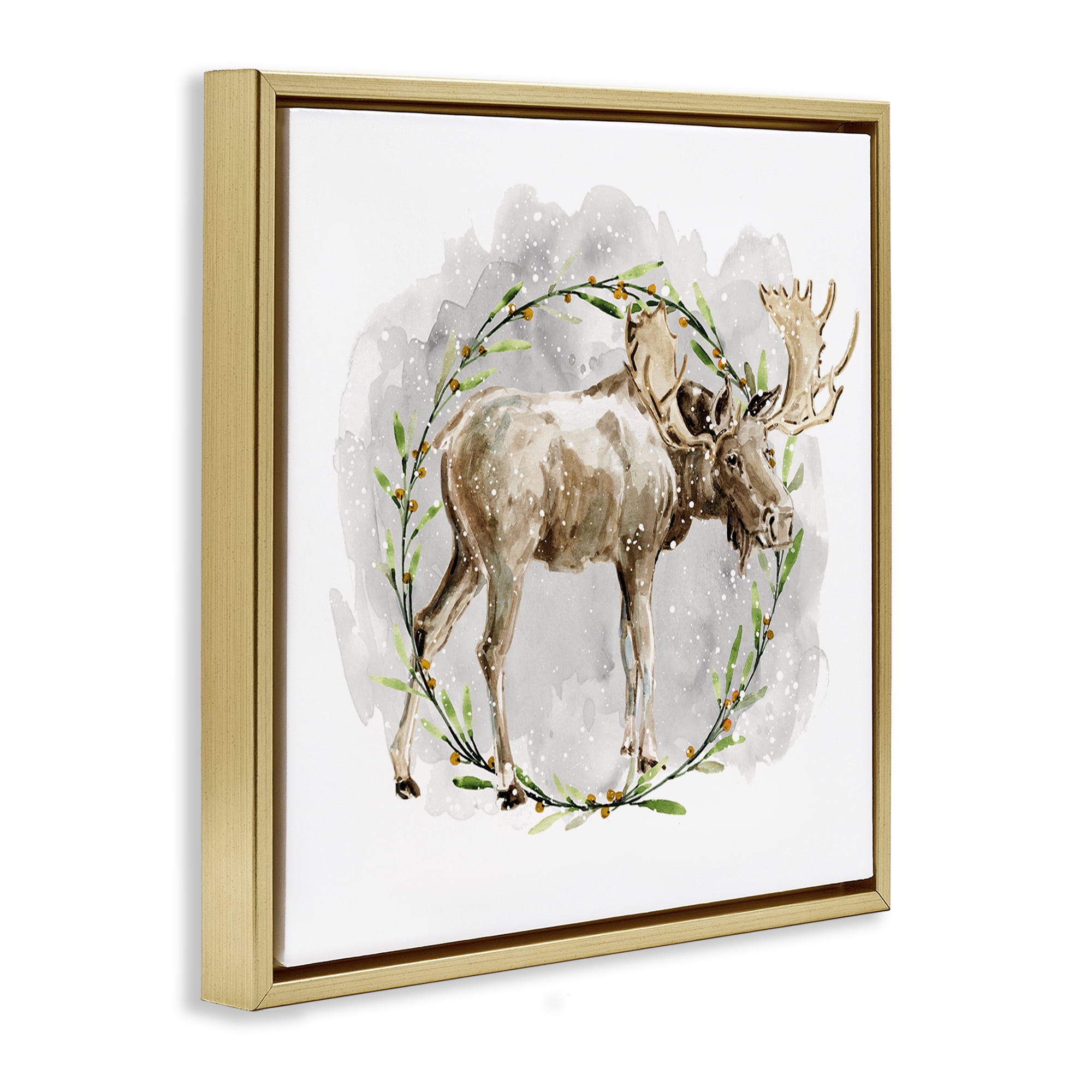 Stupell Industries Rustic Moose with Wreath Animals & Insects Painting Gold Floater Framed Canvas Art Prints Wall Art, 18 x 18