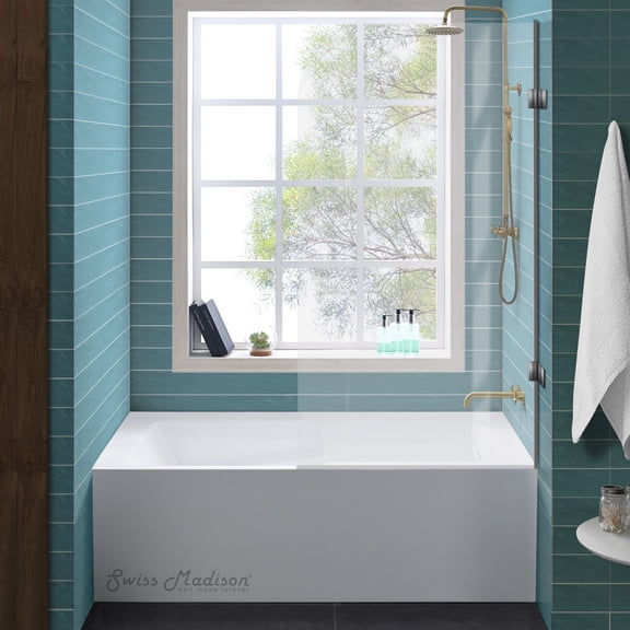Voltaire 60 x 32 Skirted Right Drain Soaking Apron Bathtub in Glossy White with Integrated Overflow and Armrest, Drain Included