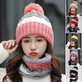 thumbnail image 2 of 2 Pcs/set Bonnets et Écharpe pour Femmes Automne Hiver, Doublure en Peluche à Rayures Contrastées, Bonnet Moelleux pour Extérieur, 2 of 8