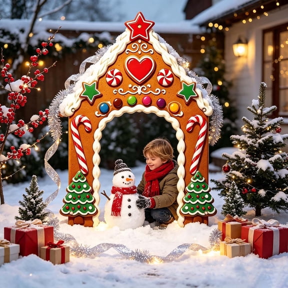 Gingerbread House Arch Banner Christmas Photo Booth Backdrop Xmas Porch Door Hanging Decor With Candy Cane Cookie Print For Indoor Outdoor Winter Holiday Party