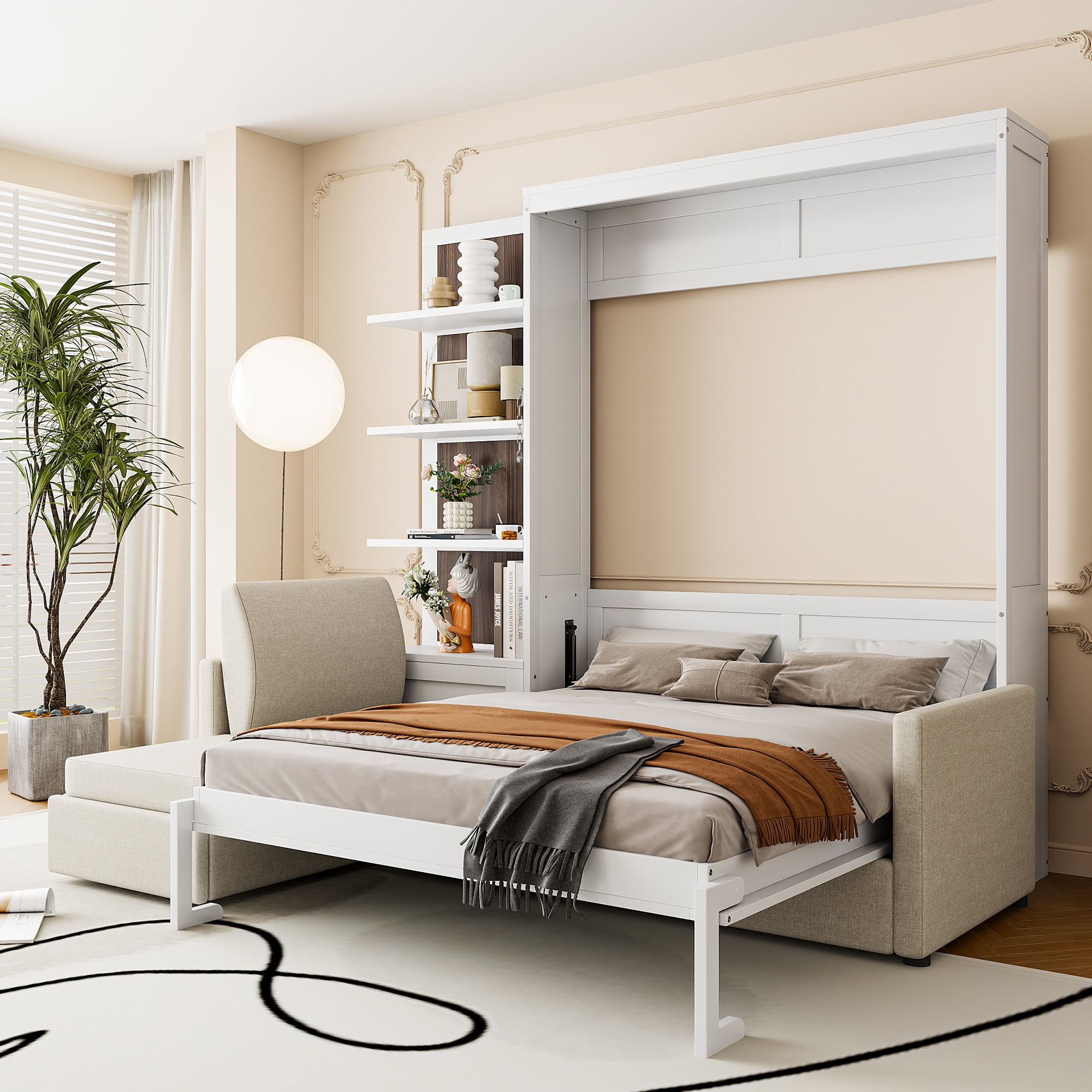 Queen Size Murphy Bed with L Shape Sofa and Open Shelves,Space-Saving for Small Space, Guest Room