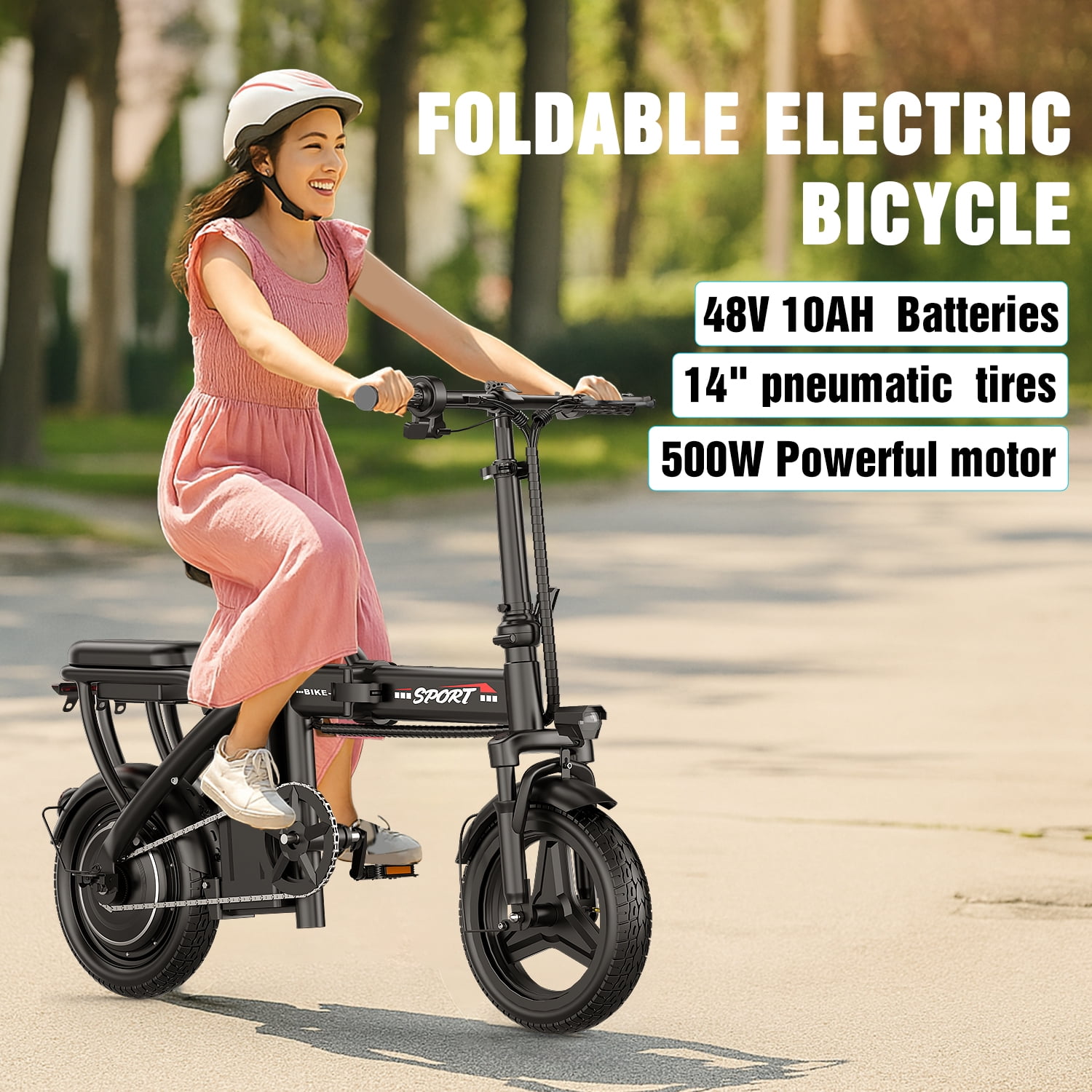 ASKGO 14" Folding Electric Bike for Adults Teens, 749W Peak Motor 48V/10.5AH Battery, Commuter City Ebike, Electric Bicycle with Two Seats UL2849