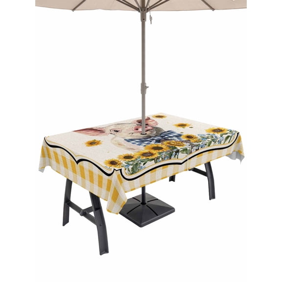 Outdoor Tablecloth with Umbrella Hole for Patio/Picnic/Party/Camping, Pig Sunflowers Waterproof Table Cloth Rectangle Table Cover Washable, Yellow Floral Farmhouse Checkered Rustic (60"x 84")