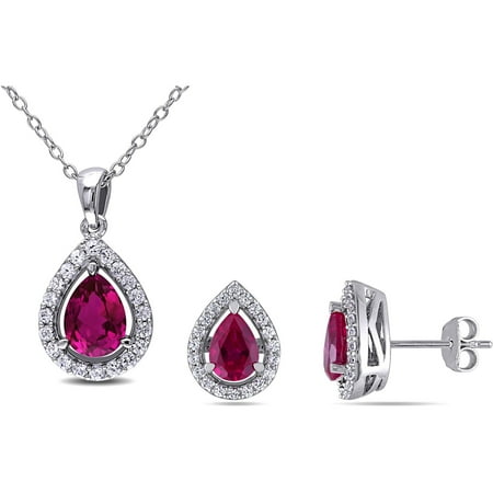 Silver Tone White Jewelry Set - 4-7/8 Carat T.G.W. Created Ruby and Created White Sapphire Sterling Silver Halo Pendant and Earrings Set, 18