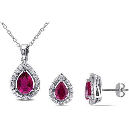 4-7/8 Carat T.G.W. Created Ruby and Created White Sapphire Sterling Silver Halo Pendant and Earrings Set, 18