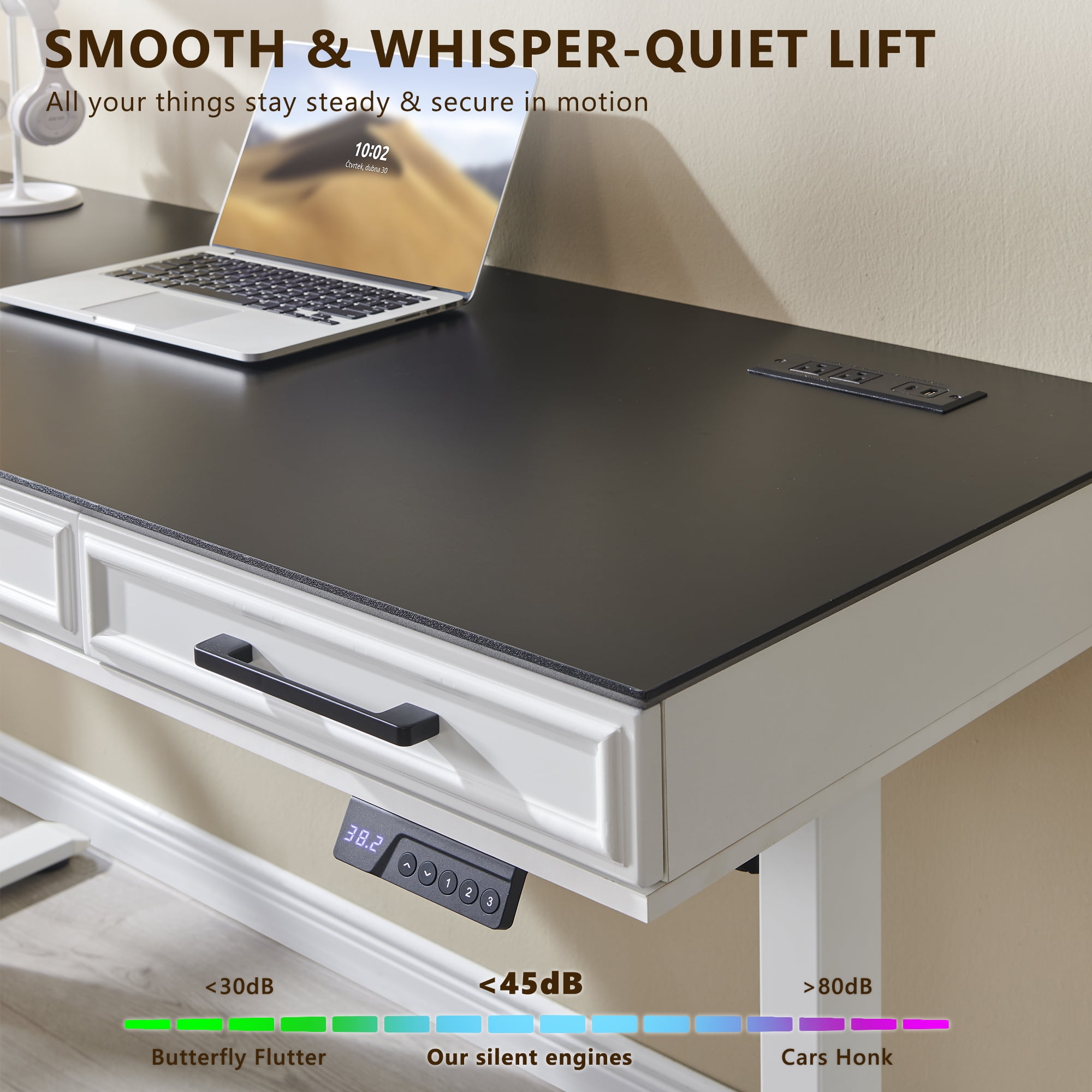 wow97e Electric Standing Desk, 55" x 22" Adjustable Height Office Computer Desk with 3 Storage Drawers, Sit Stand Up Desk with Power Outlets for Study and Home