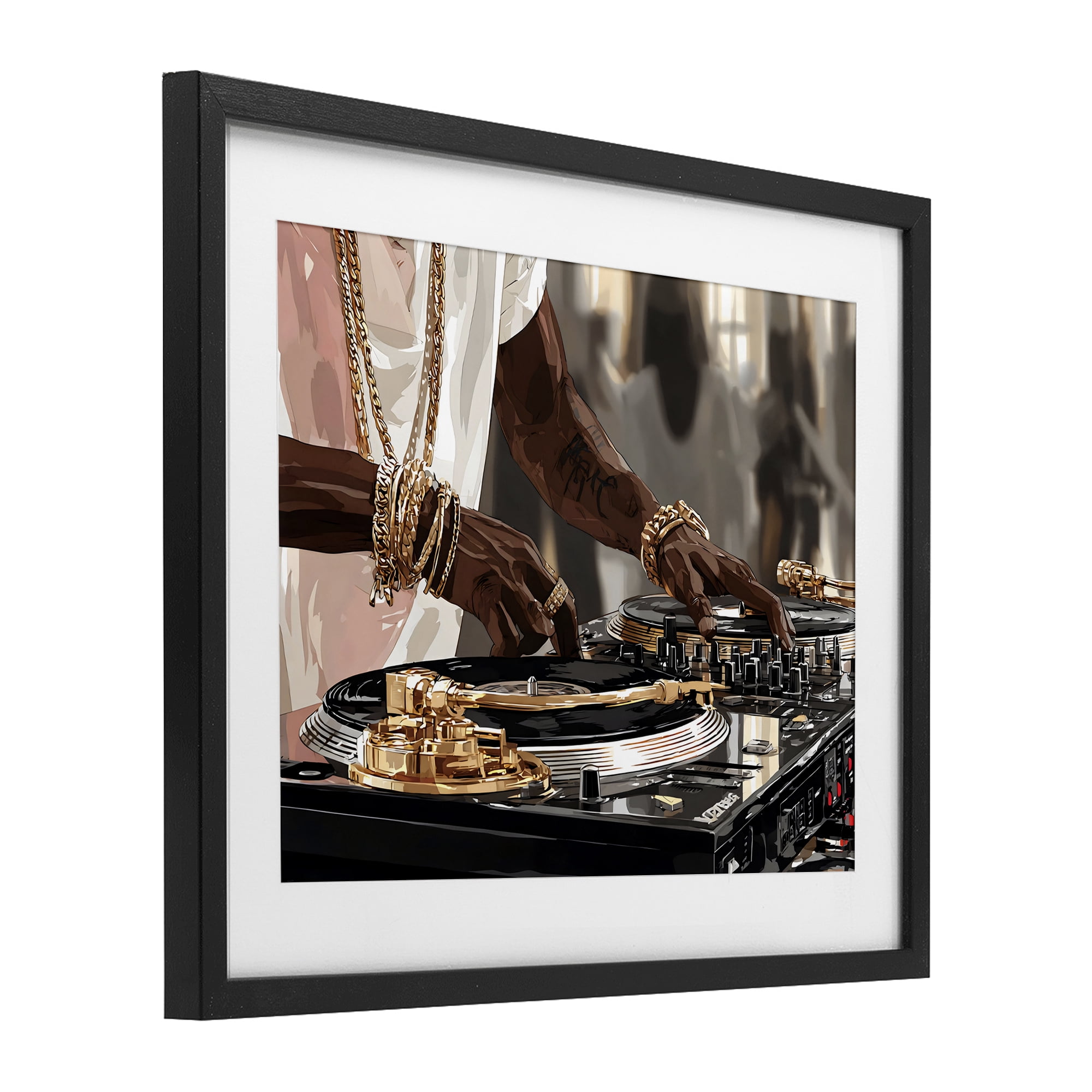 Stupell Industries Golden Sound DJ Turntables Black Framed Print Under Glass, design by Franklyn Gregory