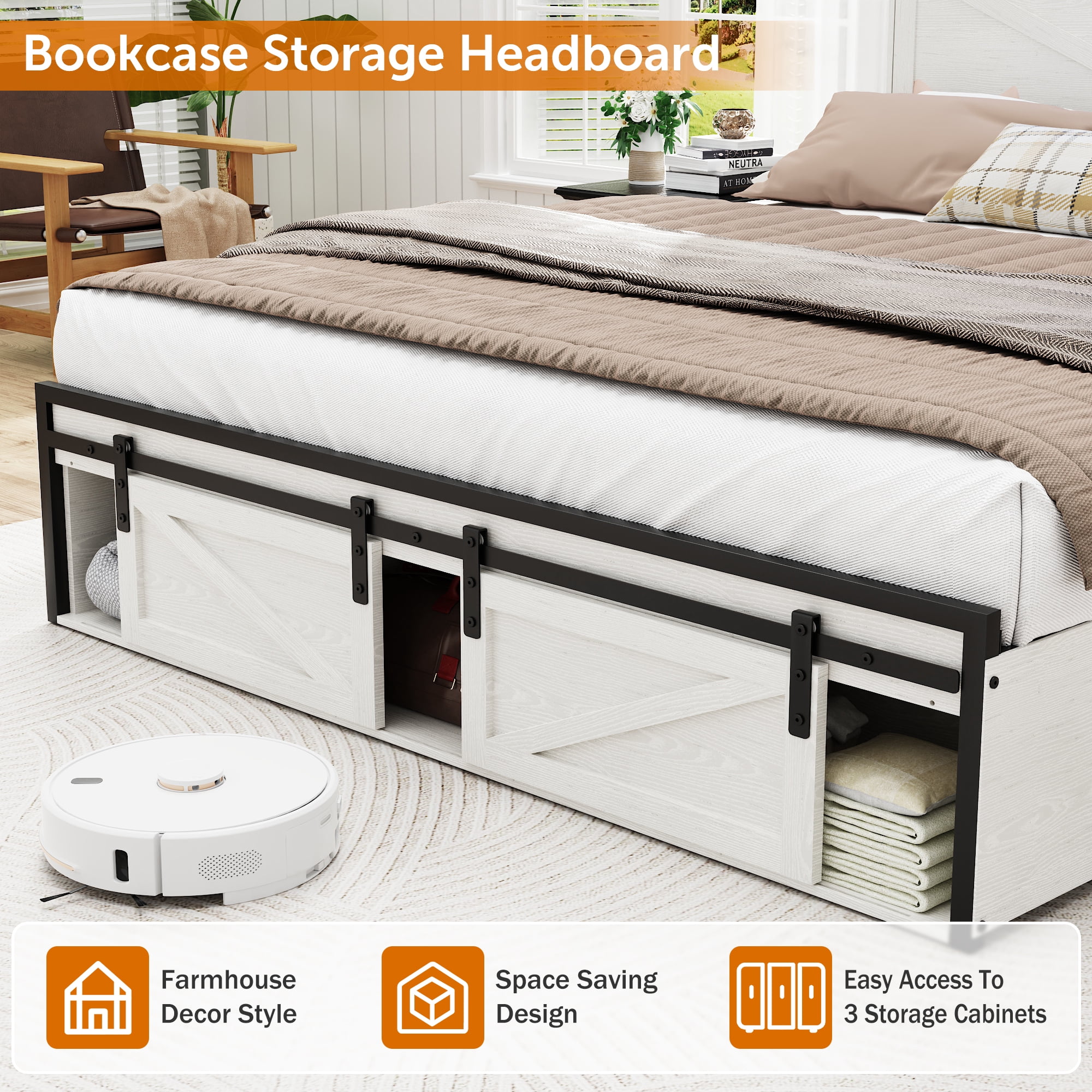 Miniyam Farmhouse Queen Size Bed with LED Headboard, Bookcase Storage, USB & Type-C Charging Station, Sliding Barn Door Footboard for Adult, White