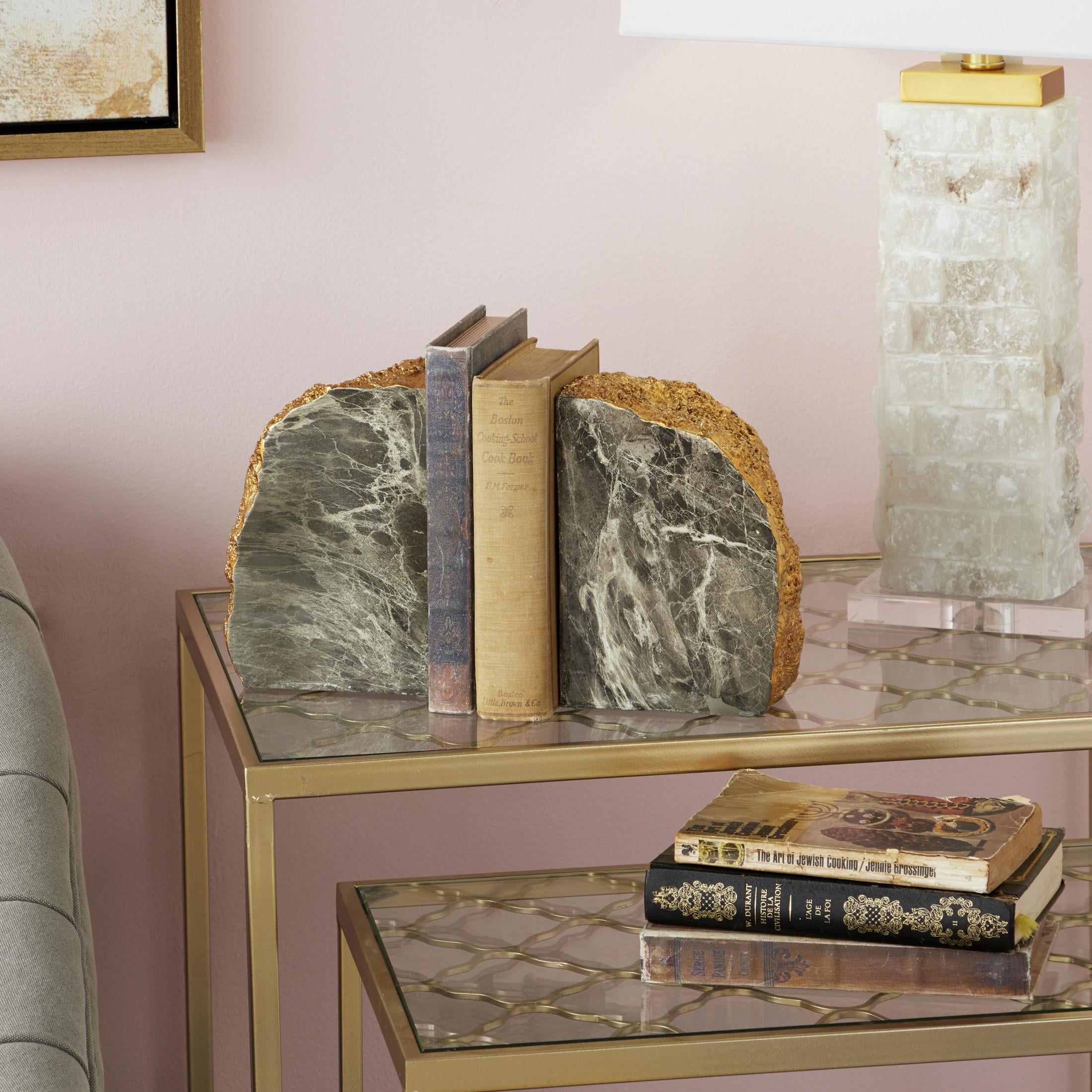CosmoLiving by Cosmopolitan 5" Geode Gray Polystone Bookends with Gold Detailing (Set of 2)