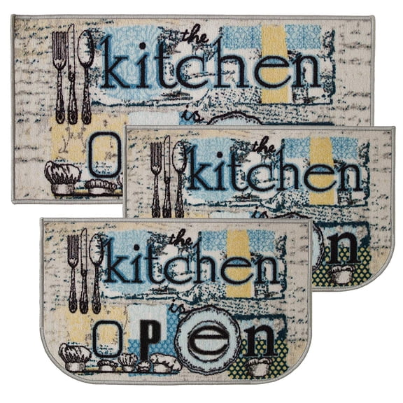 Kashi Home Kitchen Rug, Printed Area Rug, Durable Floor, Door Mat, Farmhouse Non-Slip Carpet Latex Backing Beautiful Design Open Kitchen 3pc Set (2 18x30 D Shape & 1 20x40)