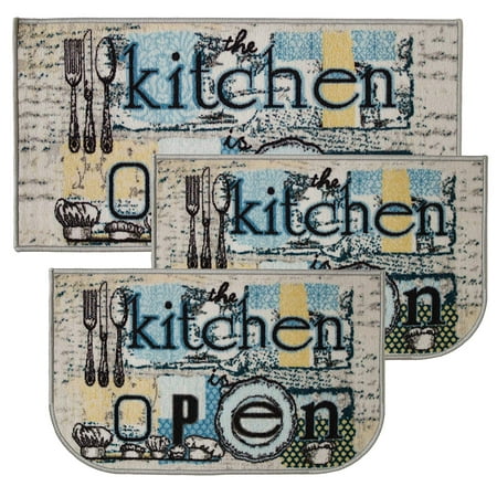 Open Kitchen 3pc Kitchen Rug Set, (2) Slice 18"x30" Rugs, (1) 20"x40" Mat, Non-Slid Latex Back