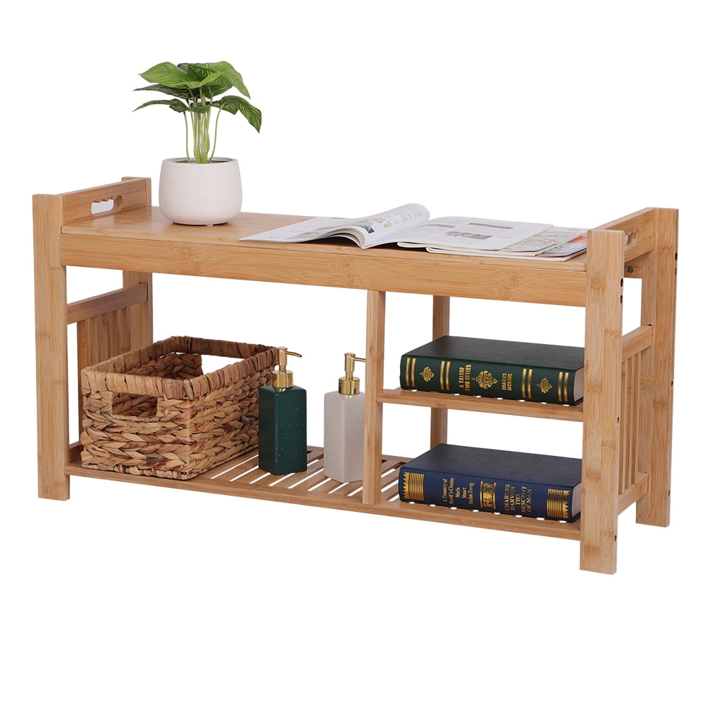 Lowestbest 100% Bamboo Shoe Stool With Cushion, Three-Layer Entrance Bench With Shoe Rack for Bedroom Entryway Bathroom etc, Wood Color