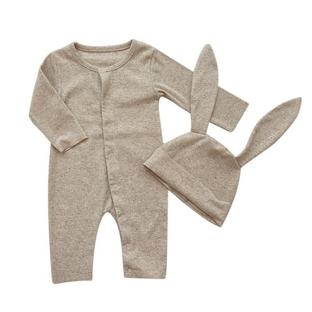 

Baby Boys Girls Bunny Outfit My First Easter Outfits Ribbed Button Down Jumpsuit Romper With Long Bunny Ear Hat