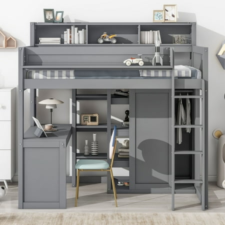 Euroco Pine Wood Twin Size Loft Bed with Desk Wardrobe with Clothes Hanger and Display Shelves for Kids Teens Bedroom Gray