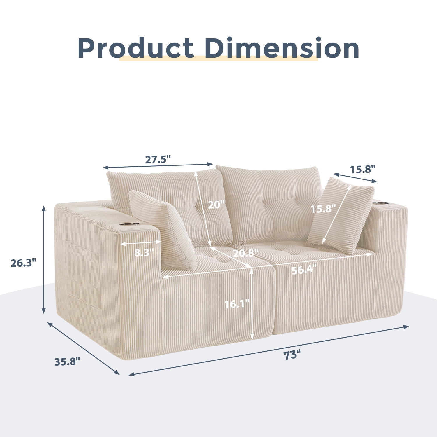 BYBYME 73"Oversized Loveseat Couch,2 Seat Sectional Corduroy Tufted Sofa,Upholstered Symmetrical Cloud Couch with Double Chaise,Wrap Around Sofa for Living Room Apartment Office,Sofa in A Box,Beige