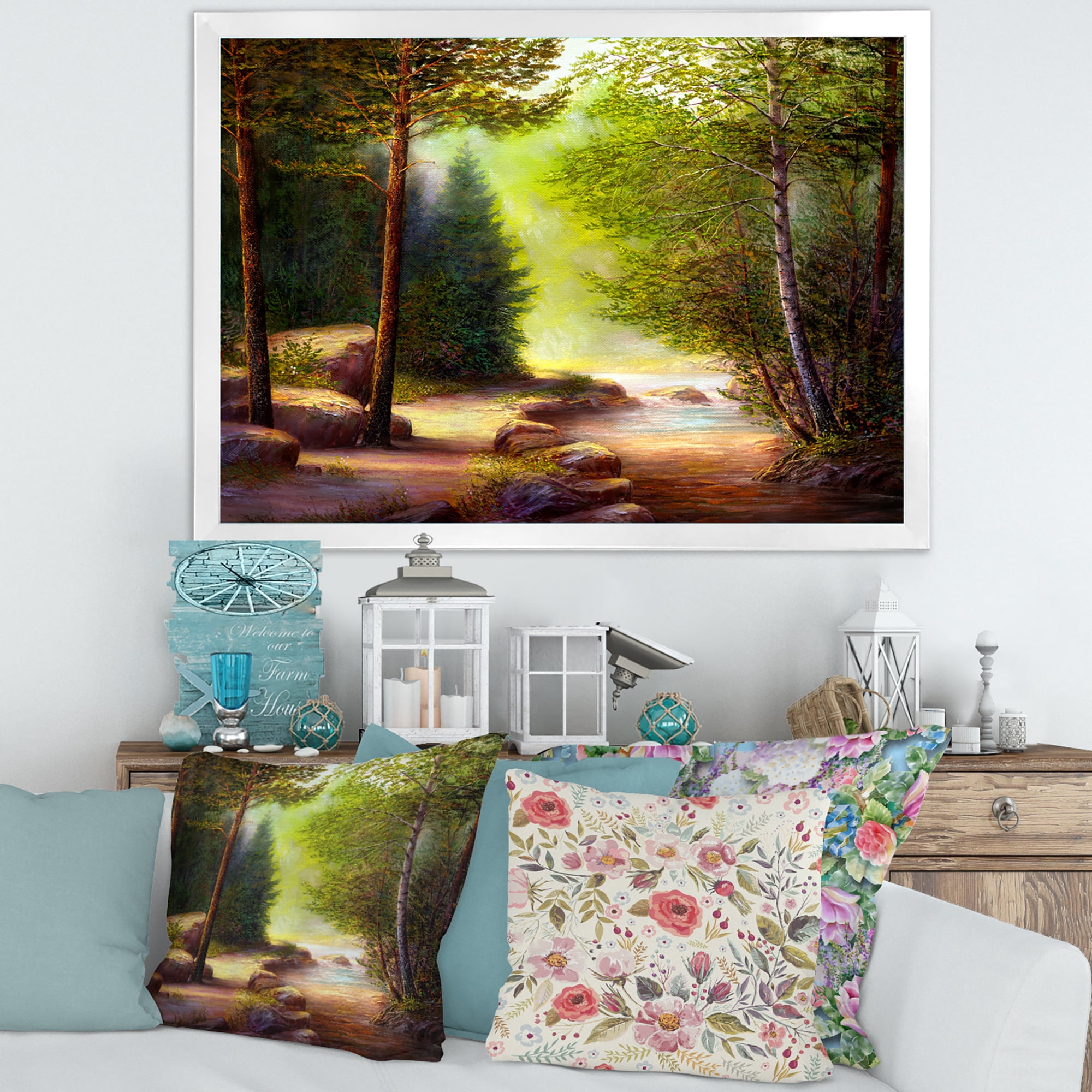 Sunrise Glow Through The Spring Trees 32 in x 16 in Framed Painting Canvas Art Print, by Designart