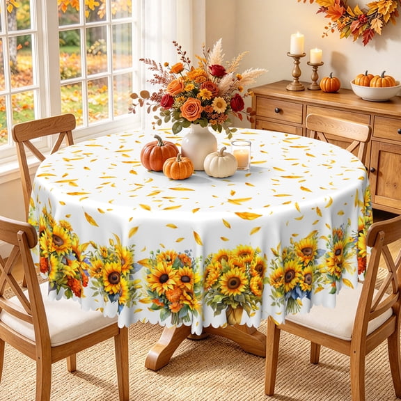 Nanqianyi Sunny Sunflowers Round Tablecloth 60 inch Autumn Warm Yellow Leaves Waterproof & Oil Table Cloth Cover