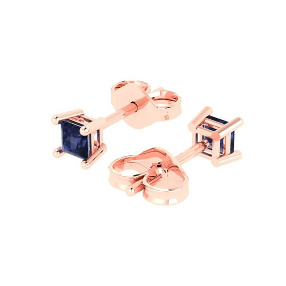 0.5 Ct Princess Cut Studs Blue Sapphire 14K Rose Solid Solid Gold Everyday Dainty Earrings Push Back