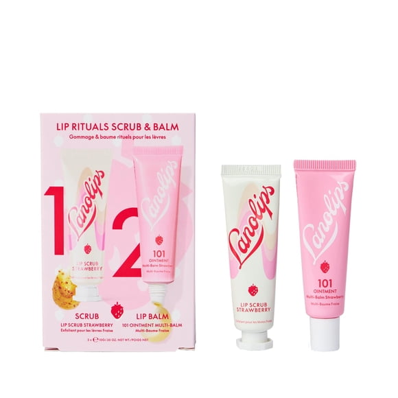 Set para el cuidado de los labios Lanolips, exfoliante labial y bálsamo labial con fresas