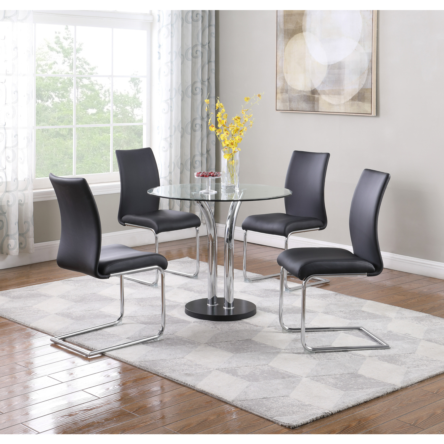 Chintaly Dining Set w/ Glass Top Bistro Table & 4 Cantilever Side
