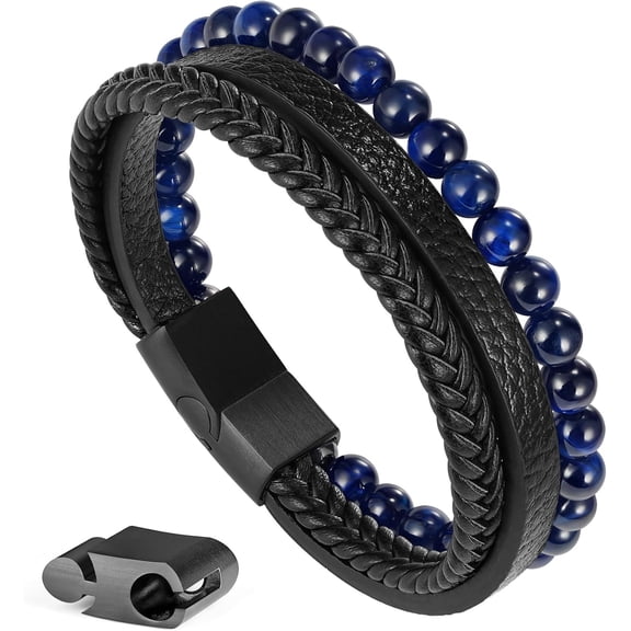 Gifts for Men - Mens Bracelet, Braided Leather Beaded Bracelets Mens Jewelry 6mm Tiger Eye Lava Rock Stone Handmade Bracelet With Adjustable Magnetic Clasp