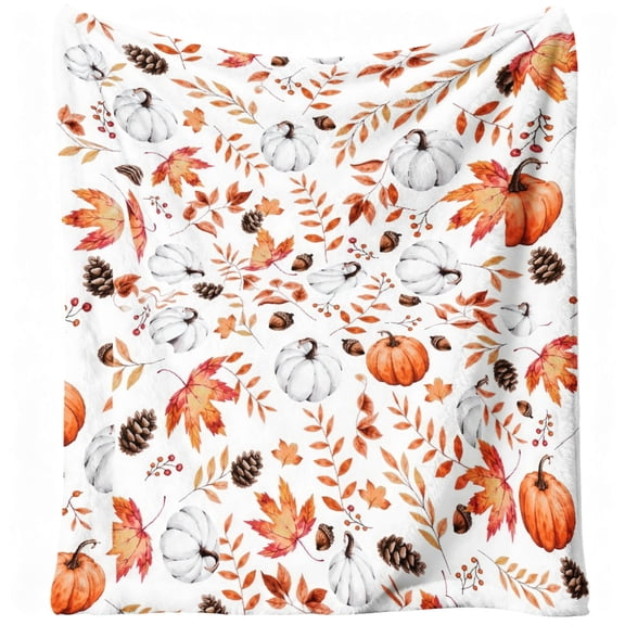 Fall Blanket Gifts Flannel Plush White Pumpkin Orange Leaves Throw Blankets Thanksgiving Autumn Decor Stuff for Women Adults Kids