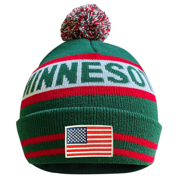 Aihccy US Flag Minnesota City Hockey Embroidery Classic Pom Cuff Minnesota Beanie Hat Cuffed Winter Hat Knit Toque Skull Cap Green
