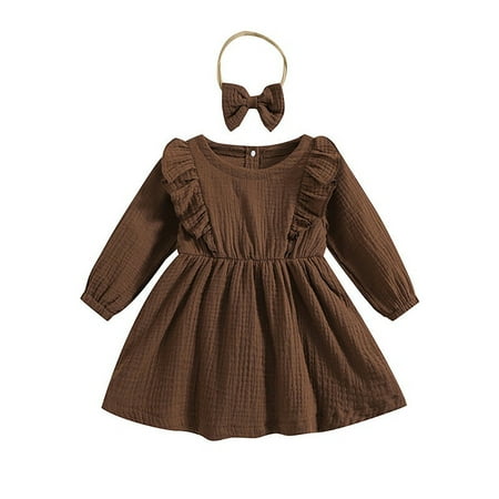

Otqutp Kids Cute Sundress Toddler Baby Girls Solid Color Long Sleeve Ruffle Dress Dress With Hairband Sets for Children 6M-4 Years(Brown 6-12 Months)