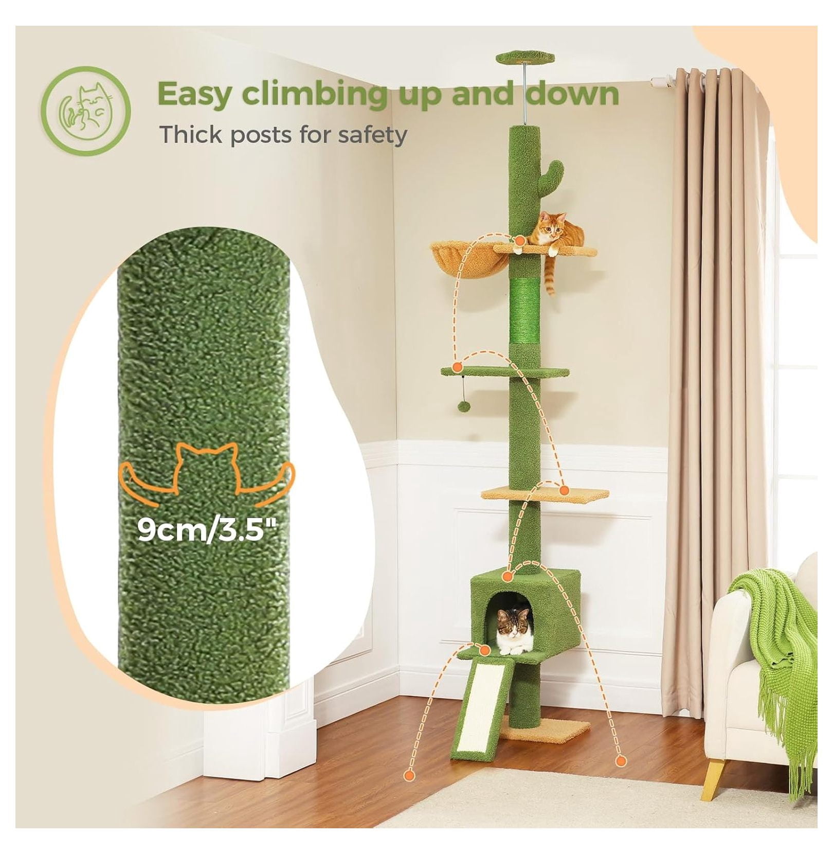 Floor to Ceiling Cat Tree, Tall Cat Tower Adjustable 83-108", 5 Levels for Indoor Cats - Condo, Hammock, Scratching Posts - Green