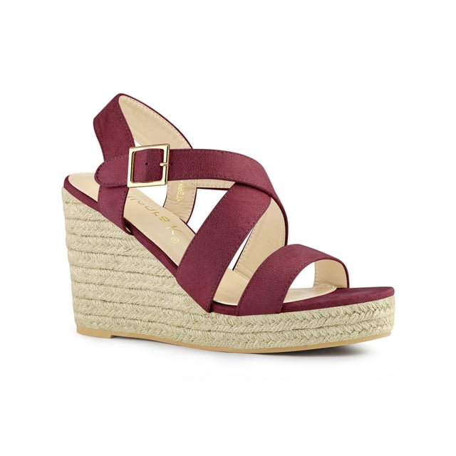 BLISSFUL STEP Women's Shoes Crisscross Ankle Strap Espadrille Wedge Sandals Burgundy 8.5