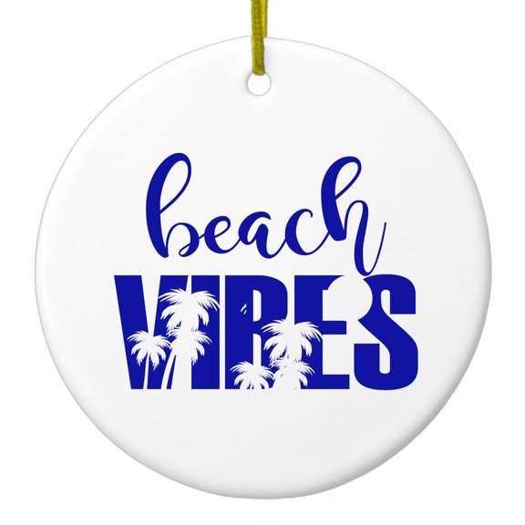 DistinctInk Hanging Ceramic Christmass Tree Ornament with Gold String - Great Gift / Present - 2 3/4 inch diameter - Beach Vibes