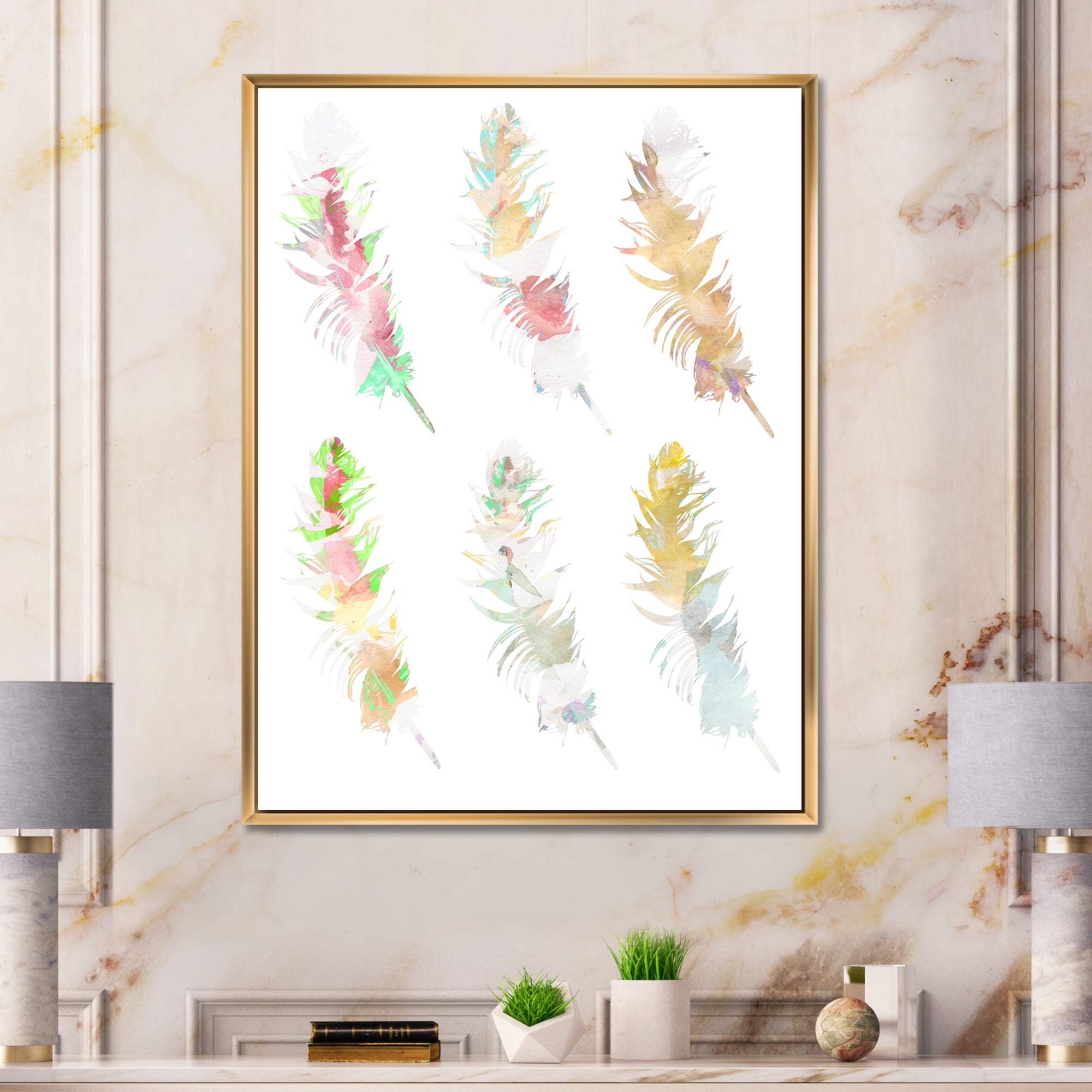 Designart 'Vibrant Boho Art Feather In Rustic Bright Colors' Bohemian & Eclectic Framed Canvas Wall Art Print