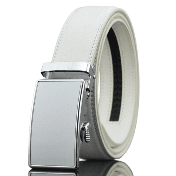 White Belt Silver Buckle Mens Adjustable Ratchet Slide Buckle Belt - Genuine Leather Automatic
