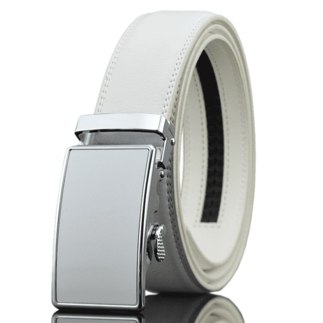 Ceinture Blanche Boucle Argentée Hommes Boucle Réglable à Cliquet - Cuir Véritable Automatique