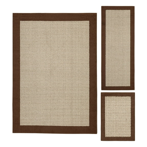 Mainstays Farmhouse Faux Sisal Brown Olefin Border Indoor Area Rug Set, 3 Piece