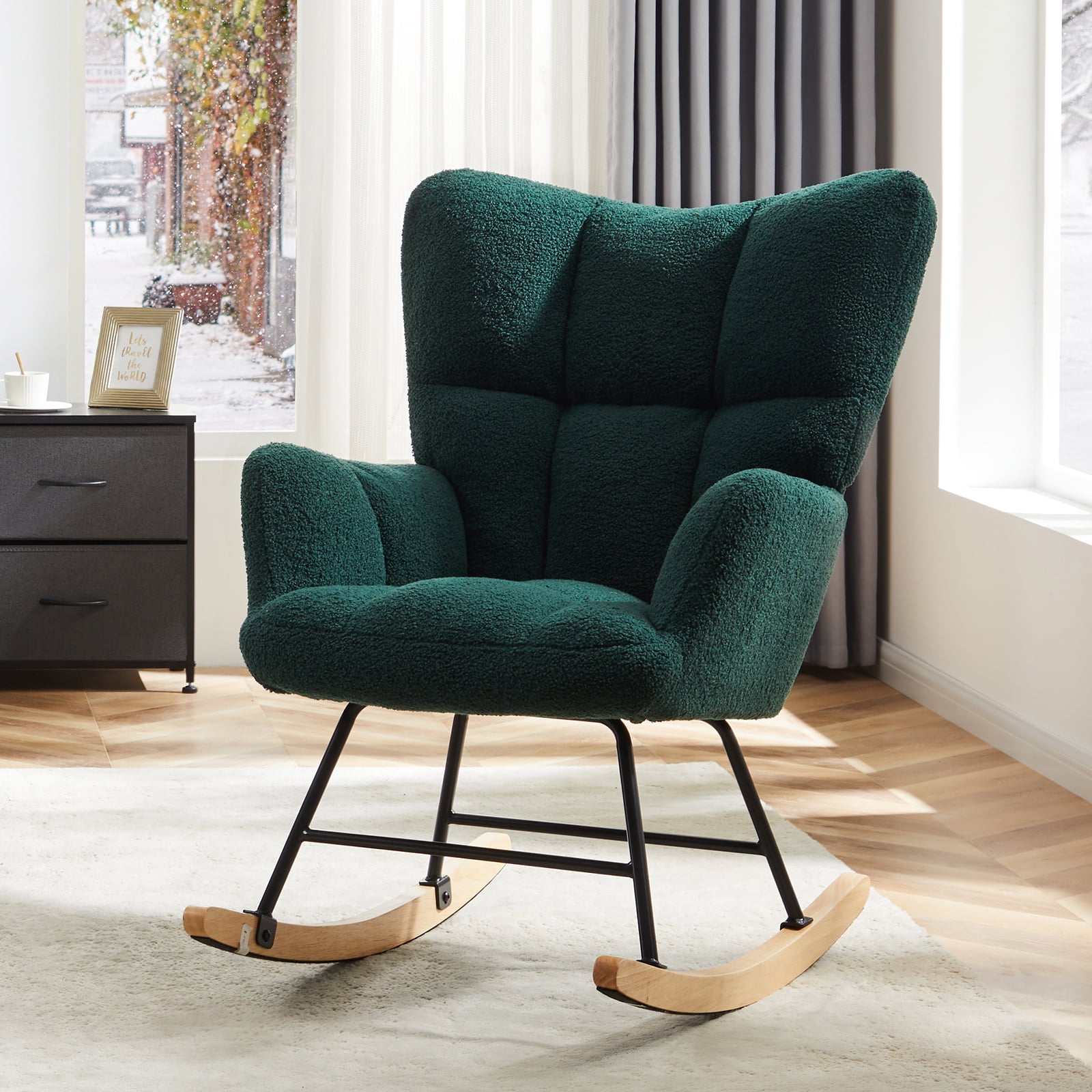GIANNA Rocking Chair, with Wing Backrest Wide Armrest, Green