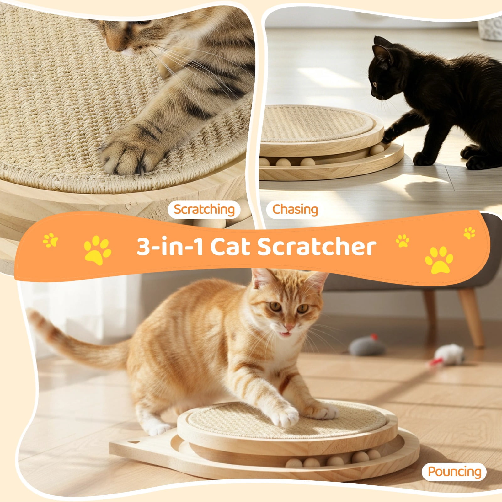 3-in-1 Cat Scratcher, Round Natural Sisal Cat Scratching Pad, Kitten Interactive Toy with Ball Track & Spring Ball, Cat Toy for Indoor Cats, Ideal for Chasing, Hunting