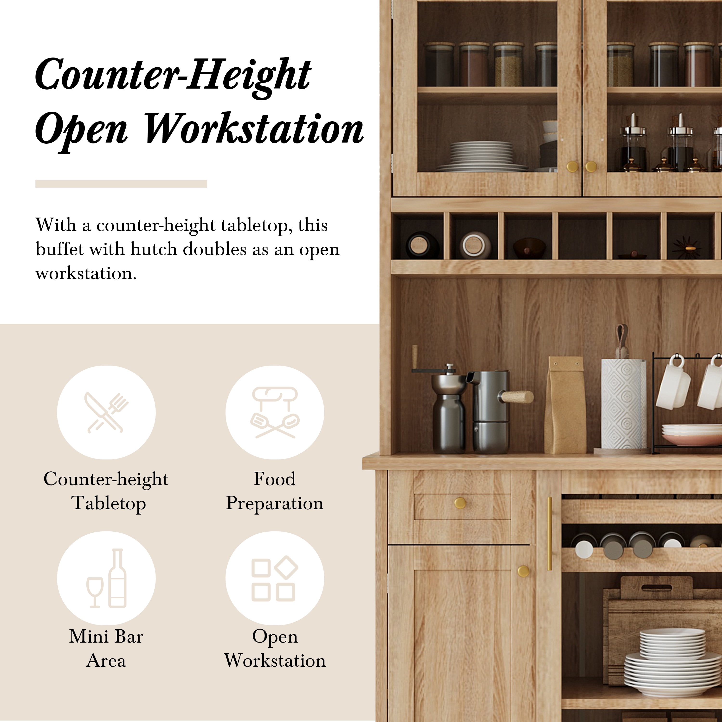 Leumius 75" Tall Kitchen Pantry Storage Cabinet,Farmhouse Wood Buffet Storage Cabinet with Wine Rack and Adjustable Shelves for Dining Room Living Room,Natural