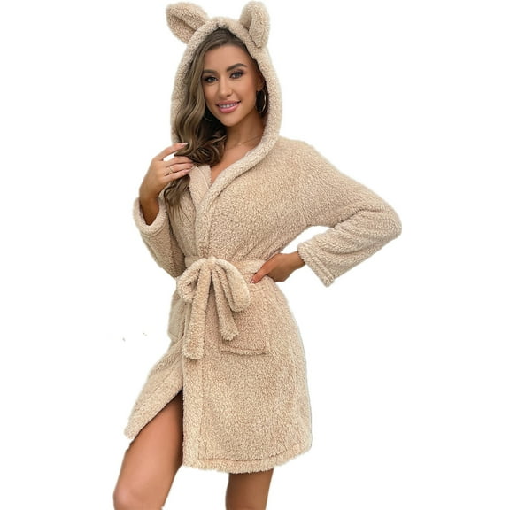 Silver Basic Ladies Nightwear Thick Hooded Bathrobe with Pockets Casual Fluffy Sleepwear Soft Housecoat L,Khaki-1