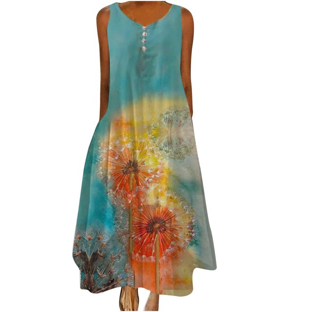 Babysbule Robe pour Femme Liquidation Mode Femme Imprimée Décontractée Dégradé Col Rond Sans Manches Grande Taille Robe Longue