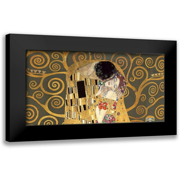 Gustav, Klimt 14x9 Black Modern Framed Museum Art Print Titled - The Kiss, detail (Grey variation)