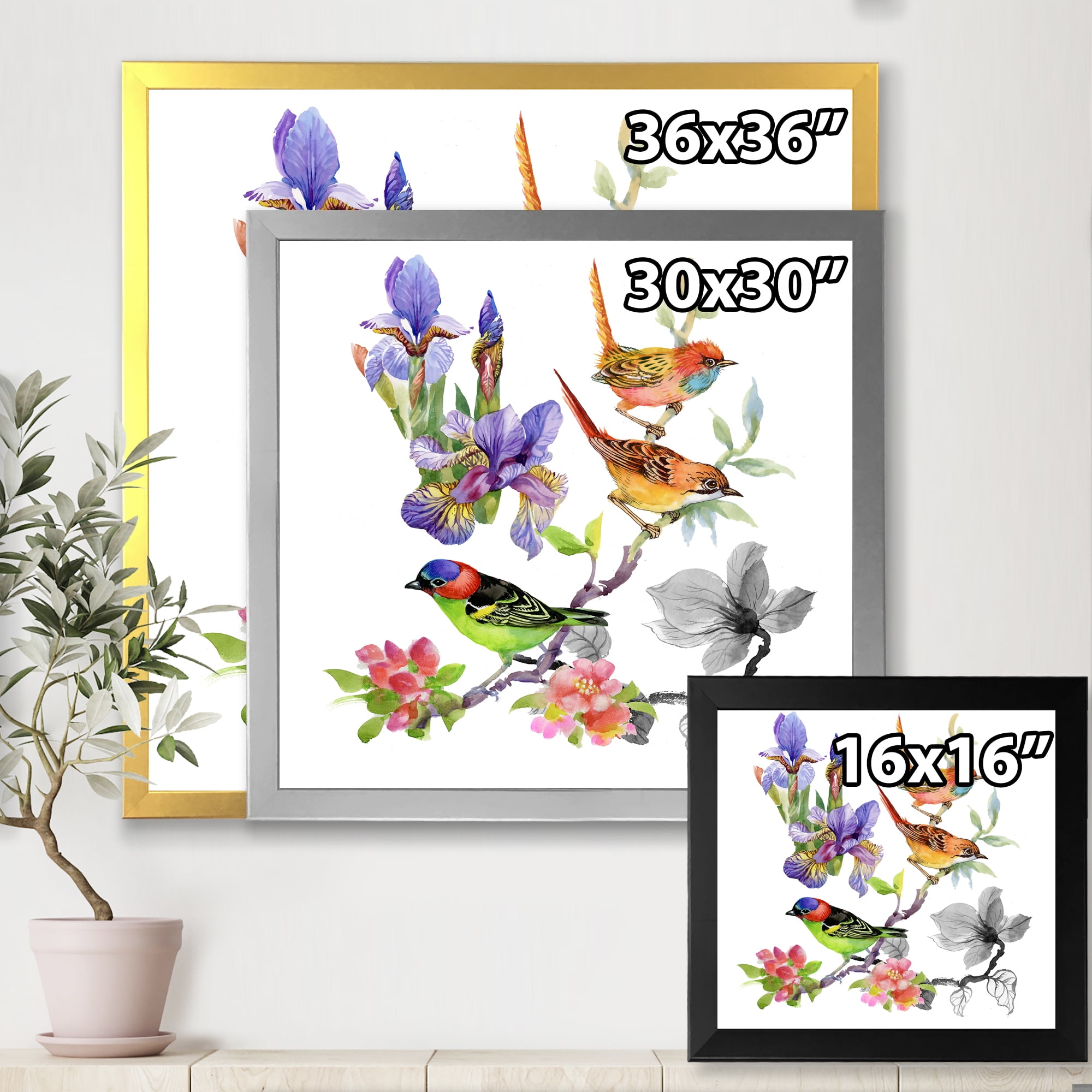 Designart 'Colourful Birds and Tropical Flowers I' Traditional Framed Art Print