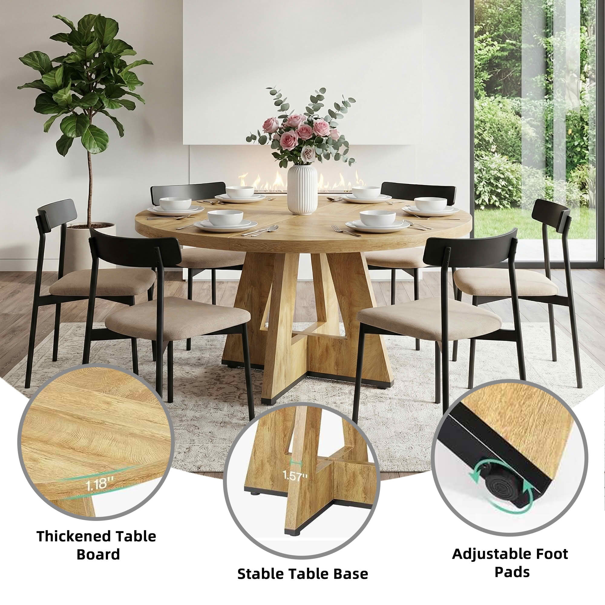 MAYEERTY 47 Inch Farmhouse Round Dining Table, Wooden Kitchen Dinner Table for 4 People with Sturdy Metal Frame