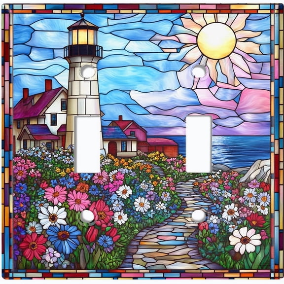 Metal Light Switch Wall Plate Outlet Cover (Printed Image of Stained Glass Lighthouse - Double Toggle)