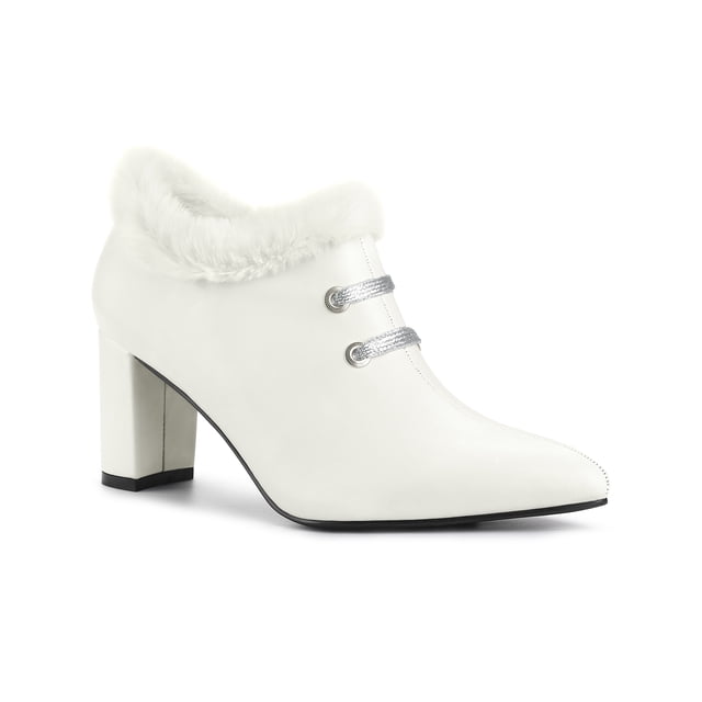 BLISSFUL STEP Women's Faux Fur Buckle Block Heel Ankle Boot White 7