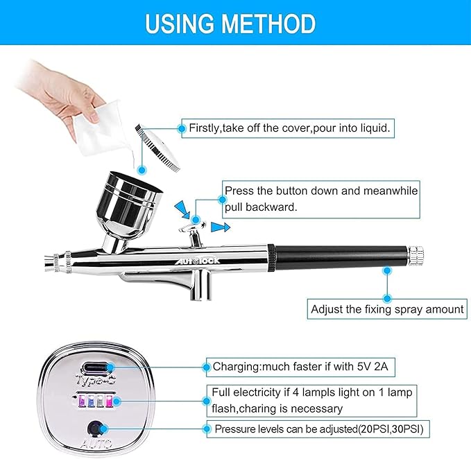 Autolock Upgraded Airbrush Kit with Air Compressor, Portable Cordless Auto Airbrush Gun Kit, Rechargeable Handheld Airbrush Set for Makeup, Cake Decor, Model Coloring, Nail Art, Tattoo