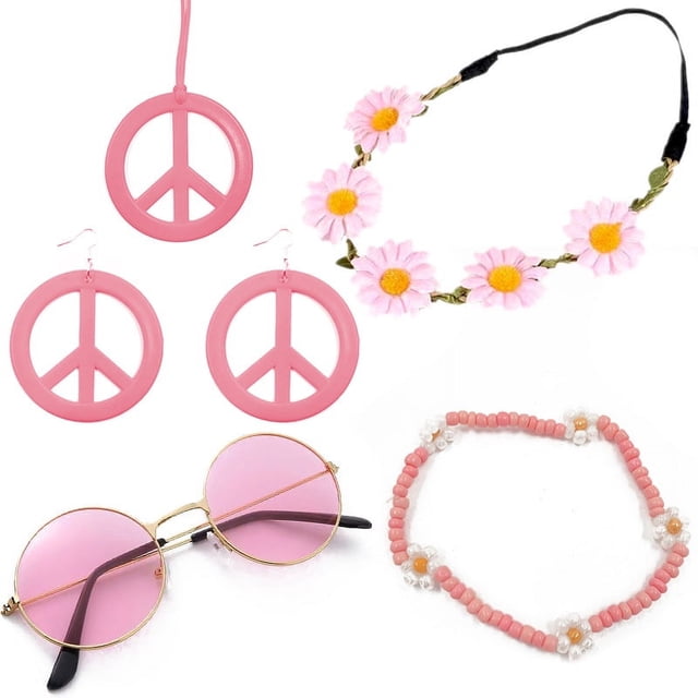Gafas de carnaval hippies bohemias y pendientes con el logotipo del símbolo de la paz, collar, corona y diadema