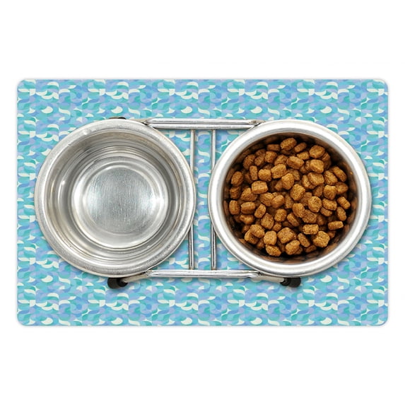 Geometric Pet Mat for Food and Water, Drop-Shaped Curls and Half Circles Geometric Forms Contemporary Mosaic Pattern, Non-Slip Rubber Mat for Dogs and Cats, 18" X 12", by Ambesonne